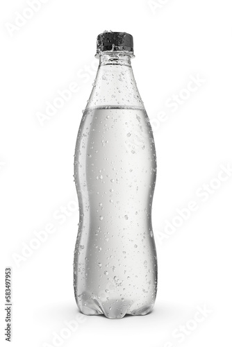 Transparent soft drink soda bottle without label with water condensation and ice crystals. Isolated on a white.