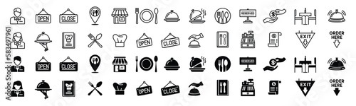 Restaurant icons vector set. Pin map, cafes, open, clossed, bell, spoon, fork, knife, plate, recipe book, chef hat, cashier machine, receipt, payment, employee, cloche, food icon. Symbol illustration