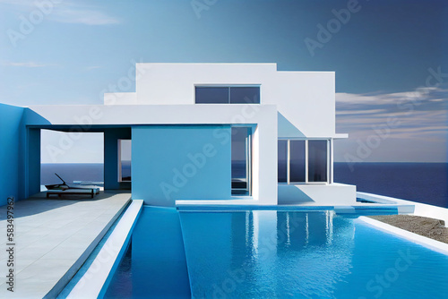 Contemporary residential villa with modern architecture, swimming pool and sea view. Generative AI illustration © ardanz
