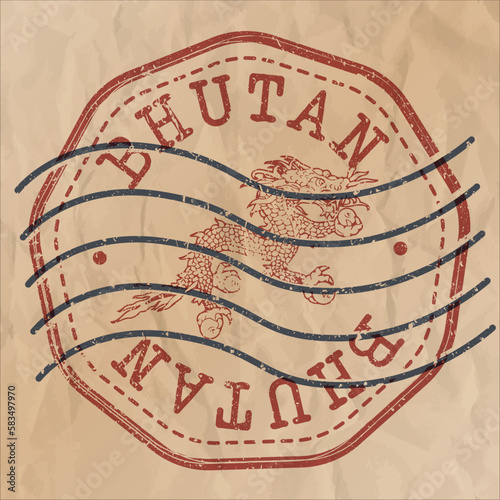 Bhutan Stamp Travel Passport. Design Retro Symbol Country. Old Vintage Postmark.