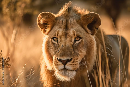 Lion in Savannah Field at Sunset, National Geographic Wildlife Photography, generated AI