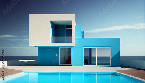 Contemporary residential villa with modern architecture, swimming pool and sea view. Generative AI illustration