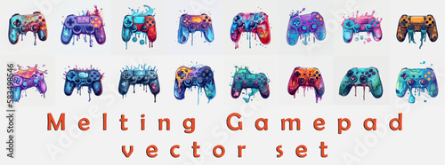 Set of melting video game controllers. Console gamepad vector isolated. Vivid splashes of colors