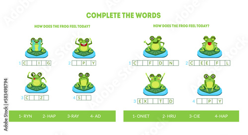 Crossword with Learning Feeling and Emotion for Kids with Education Developing Worksheet with Funny Green Frog Vector Template