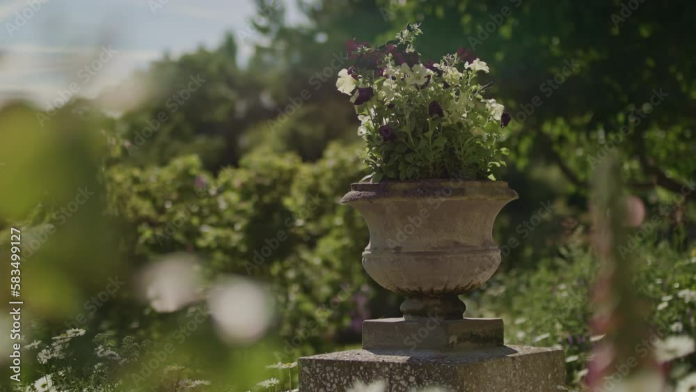 British summer garden. Concrete stone vase in a lush british mansion garden. Gardening concept. British summer garden. Concrete stone vase in a lush british mansion garden. Gardening concept.
