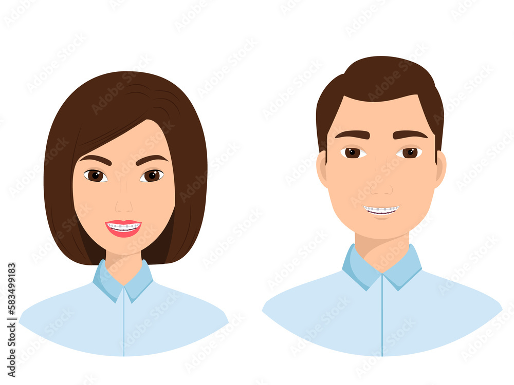 Fototapeta premium Portraits of a smiling man and woman with orthodontic braces on their teeth. Illustration on transparent background