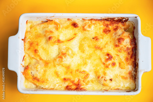 pasta with sauce and cheese, lasagna in a baking dish