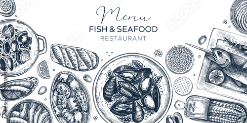 Seafood restaurant banner design. Hand-drawn mussels, oysters, caviar, grilled fish, canned fish canape isolated on white background. Restaurant menu, finger food party banner design in sketch style