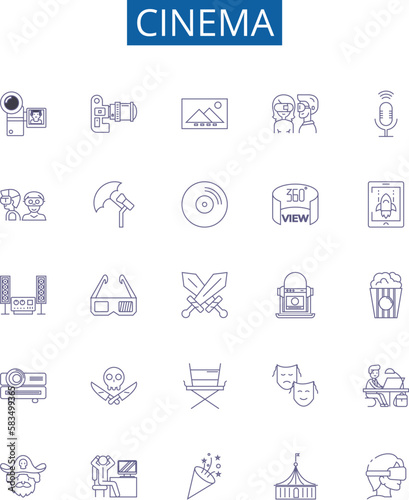 Cinema line icons signs set. Design collection of Film, Theater, Movie, Showing, Screening, Projection, Reel, Playback outline concept vector illustrations