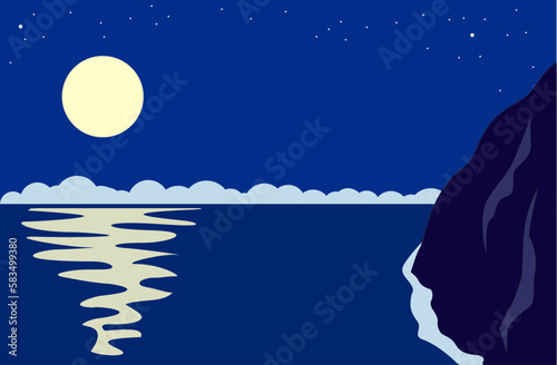 Night seascape with full moon and rocky shore. Vector background