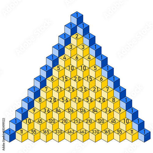 Pascal's triangle in a blue-yellow triangle, for combination number values up to eleven