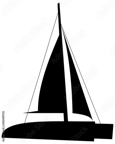 Silhouette of a catamaran sailing ship, sailboat or yacht, black cut out isolated