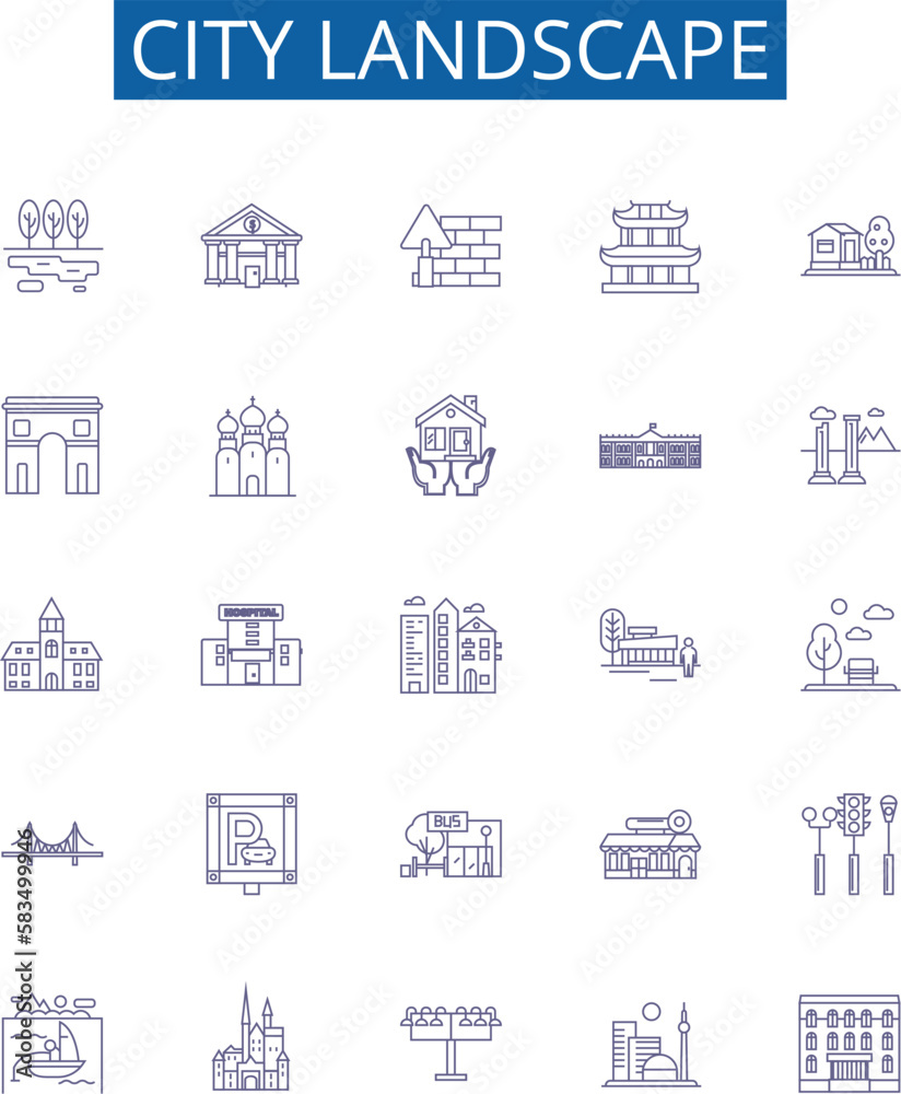 City landscape line icons signs set. Design collection of Urban, skyline, streetscape, skyline, architecture, metropolis, vista, hustle outline concept vector illustrations