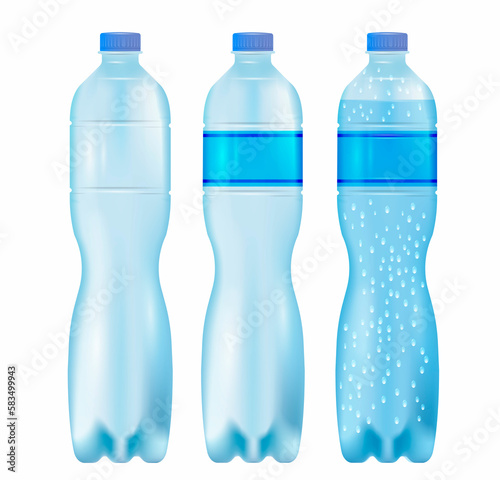 Realistic layout of an empty plastic bottle for mineral water, banner.