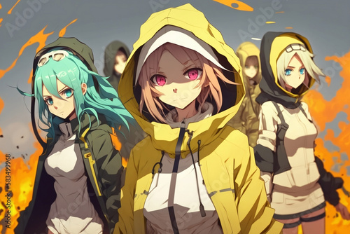 Anime girl wearing plain color hoodies with vivid color bomb explosion backgrounds, cute and adorable, explosive colorful backgrounds, digital art. Generative AI