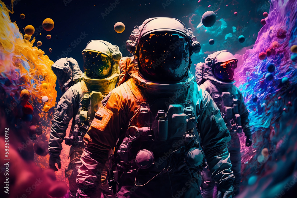 Fototapeta premium astronauts in space helmet in the middle of multicolored smoke illustration, explosive colorful backgrounds, digital art. Generative AI