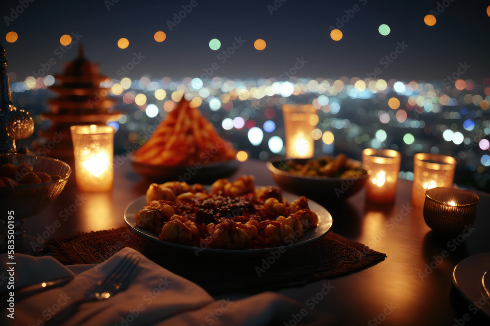 Fototapeta premium Close up variety of table with arabic food during iftar meal on ramadan AI generated