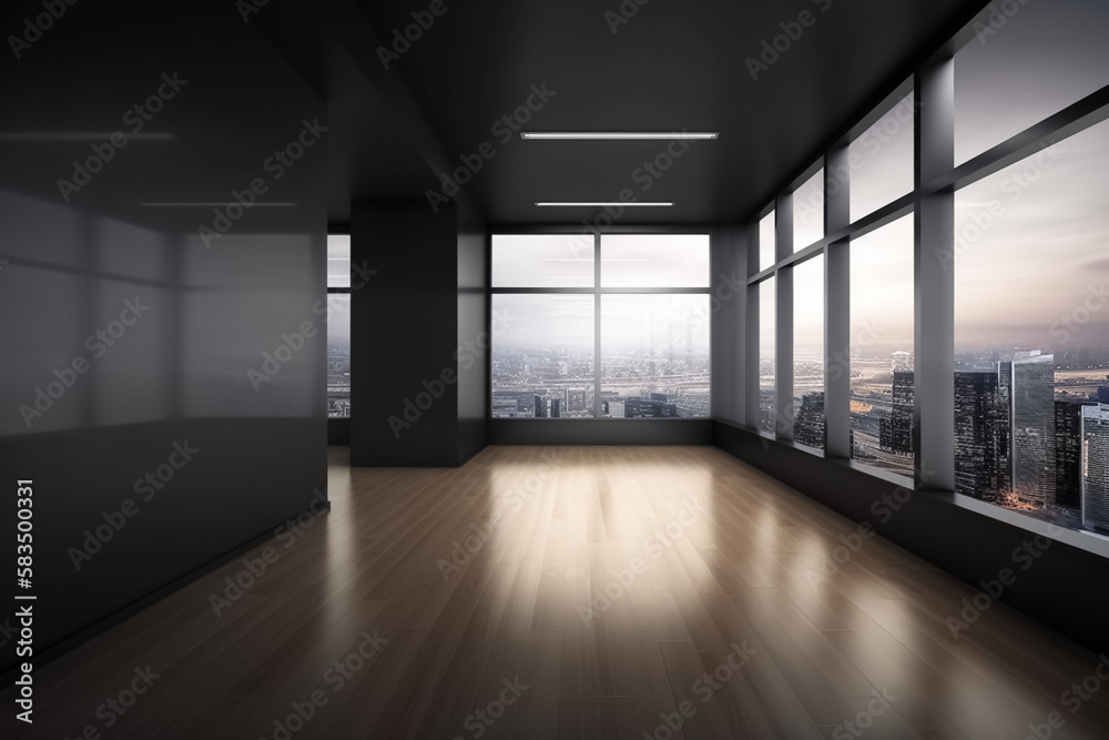 Empty office corridor with wooden floor and city view background from window. generative ai
