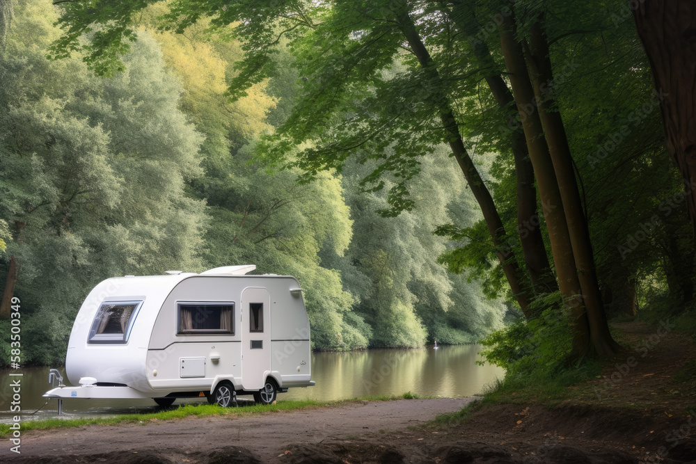 Caravan on the bank of the river in the forest. AI generative image. Caravan on the bank of the river in the forest. AI generative image.