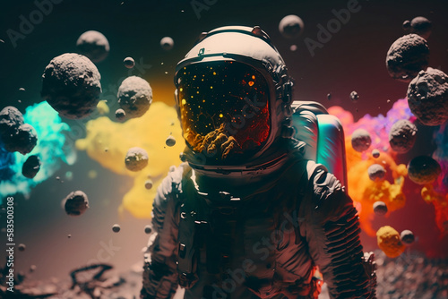 astronauts in space helmet in the middle of multicolored smoke illustration, explosive colorful backgrounds, digital art. Generative AI