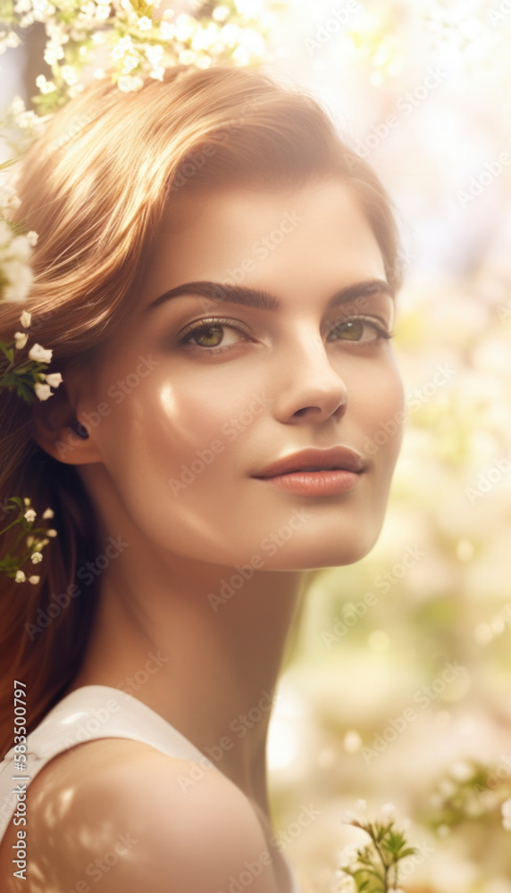 Happy springtime. Idyllic spring concept with a girl in bright light and vibrant colors on a sunny morning