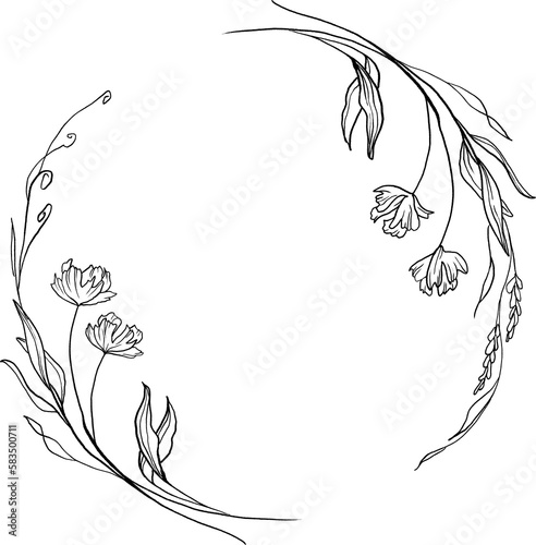 Minimalist wildflower wreath  black lineart  botanical clipart