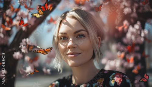 Happy springtime. Idyllic spring concept with a girl in bright light and vibrant colors on a sunny morning