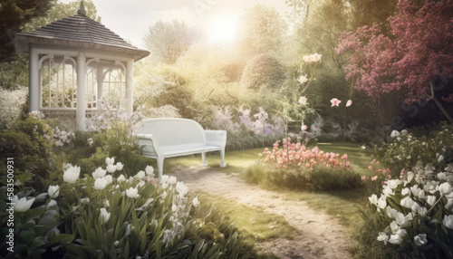 Happy springtime. Idyllic spring concept with bright light and vibrant colors on a sunny morning