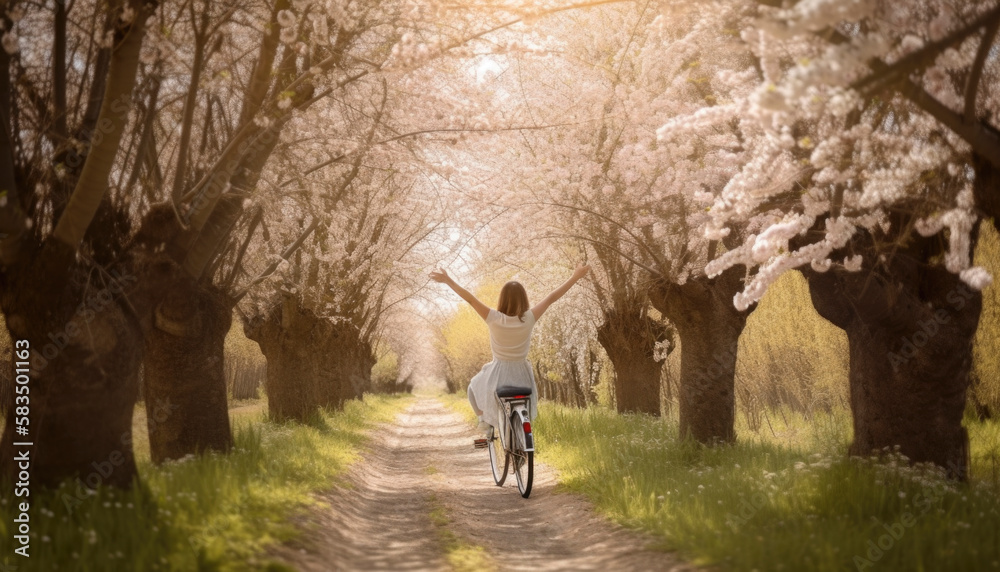 Happy springtime. Idyllic spring concept with a girl in bright light and vibrant colors on a sunny morning