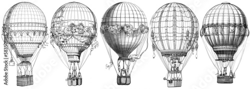 Concept sketches of hot air balloons in ink & pencil, illustrating aerial adventure and whimsy. Creative designs showcase flight, sky, and ballooning details, all beautifully crafted by Generative AI