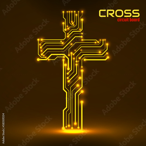 Abstract cross of circuit board. Christian symbol. Vector illustration