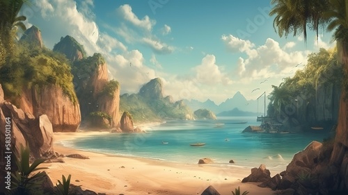 Beach Fantasy Backdrop, Concept Art, CG Artwork, Realistic Illustration with Generative AI 