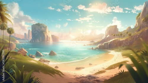 Beach Fantasy Backdrop, Concept Art, CG Artwork, Realistic Illustration with Generative AI 