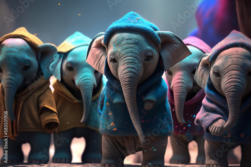 Group of baby elephants wearing plain color hoodies with vivid color bomb explosion backgrounds  cute and adorable animals  explosive colorful backgrounds  digital art. Generative AI