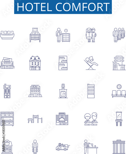 Hotel comfort line icons signs set. Design collection of Convenience, Amenity, Luxury, Accommodation, Coziness, Homey, Comforting, Comfort outline concept vector illustrations