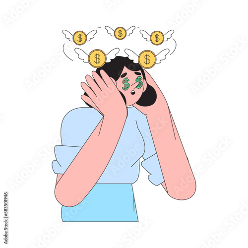 Woman has problem with budget, credit card balance and lack of money. Character in panic think how to increase income and where to find, earn, collect necessary sum of money and avoid credit fees.