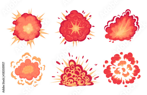 Cartoon dynamite bomb explosions. Danger bomb detonation fire burning clouds. Fire and comic smoke clouds vector illustrations set
