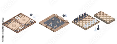 Isometric board games. Chess and backgammon pieces, wooden leisure table gaming, traditional recreation game 3d vector illustration set