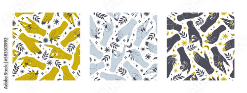 Mystical hands seamless patterns. Female witch hands with long nails, palms with leaves, moon and stars. Magic hands flat vector background illustration set
