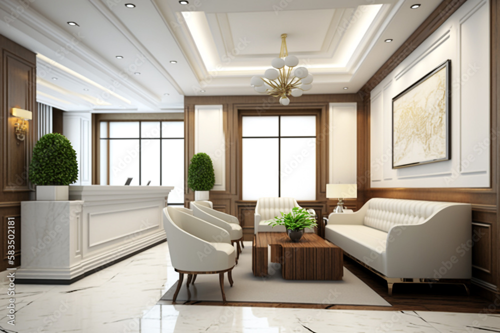 Fototapeta premium Modern and contemporary lobby area interior design with wooden material. Generative ai illustration