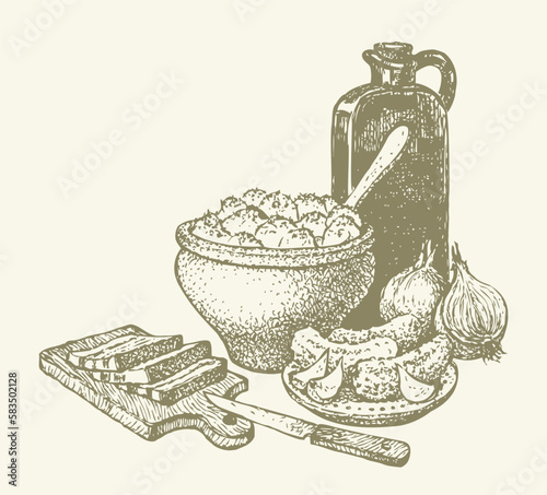 Vector still life. Traditional Slavic food: potatoes in a clay pot