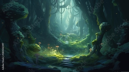 Deep Forest Fantasy Backdrop, Concept Art, CG Artwork, Realistic Illustration with Generative AI  © YandiDesigns