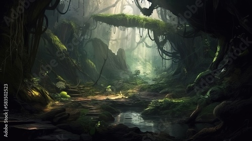 Deep Forest Fantasy Backdrop, Concept Art, CG Artwork, Realistic Illustration with Generative AI 