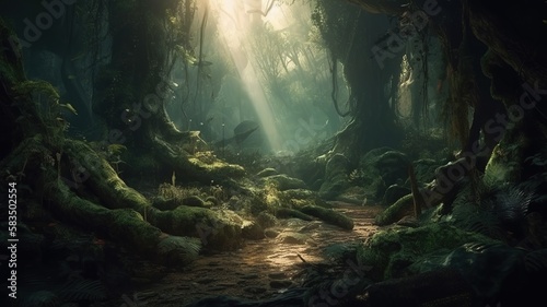 Deep Forest Fantasy Backdrop, Concept Art, CG Artwork, Realistic Illustration with Generative AI 