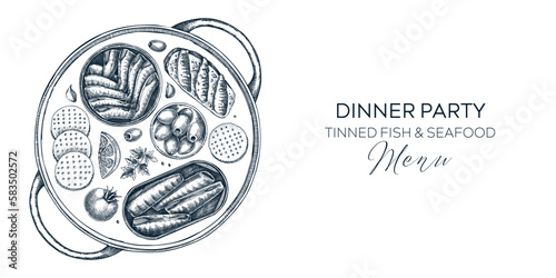 Hand drawn canned fish platter design. Sardines, anchovy, mackerel, tuna, mussels in tin cans in sketch style. Seafood restaurant background or finger food party banner with food illustrations