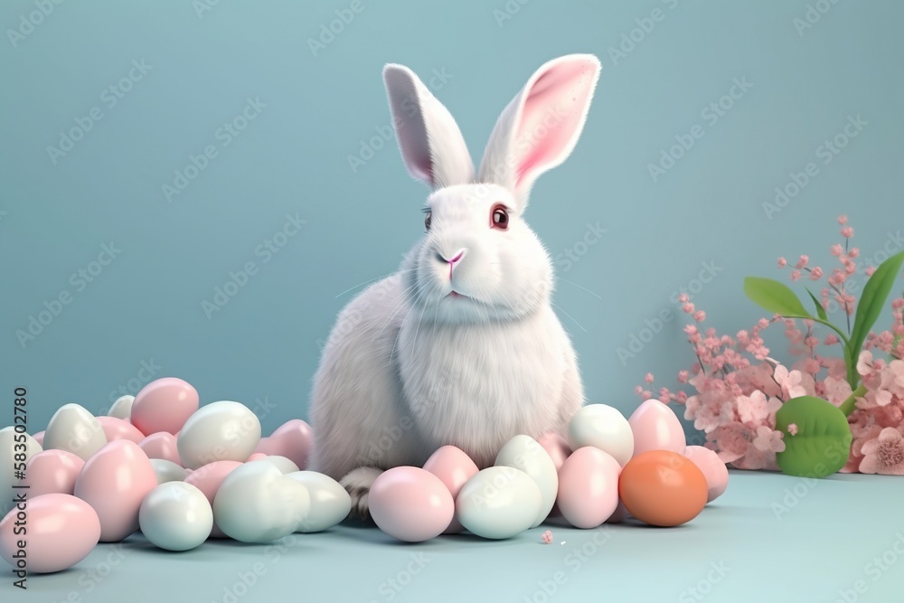 Easter Bunny with eggs and flowers.Generative AI Easter Bunny with eggs and flowers.Generative AI