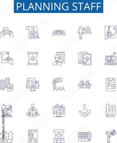 Planning staff line icons signs set. Design collection of Staffing, Planning, Organization, Scheduling, Assignment, Human, Resources, Team outline concept vector illustrations