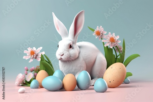 Easter Bunny with eggs and flowers.Generative AI © AJay