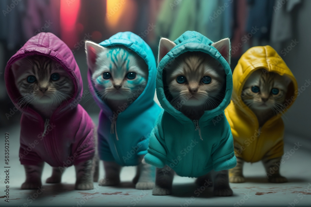 Group of baby kittens wearing plain color hoodies with vivid color bomb explosion backgrounds, cute and adorable animals, explosive colorful backgrounds, digital art. Generative AI Group of baby kittens wearing plain color hoodies with vivid color bomb explosion backgrounds, cute and adorable animals, explosive colorful backgrounds, digital art. Generative AI