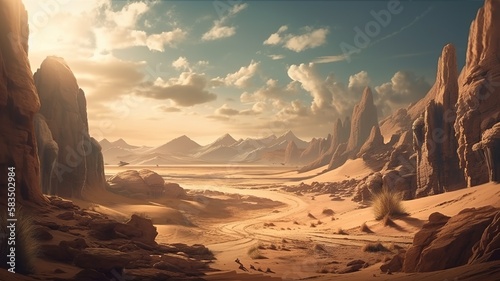 Desert Fantasy Backdrop, Concept Art, CG Artwork, Realistic Illustration with Generative AI
 photo